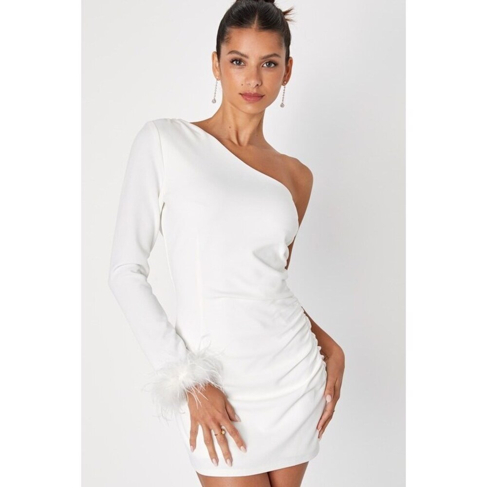 Lulus Fabulous Romance White One-shoulder Feather Mini Dress - Size S